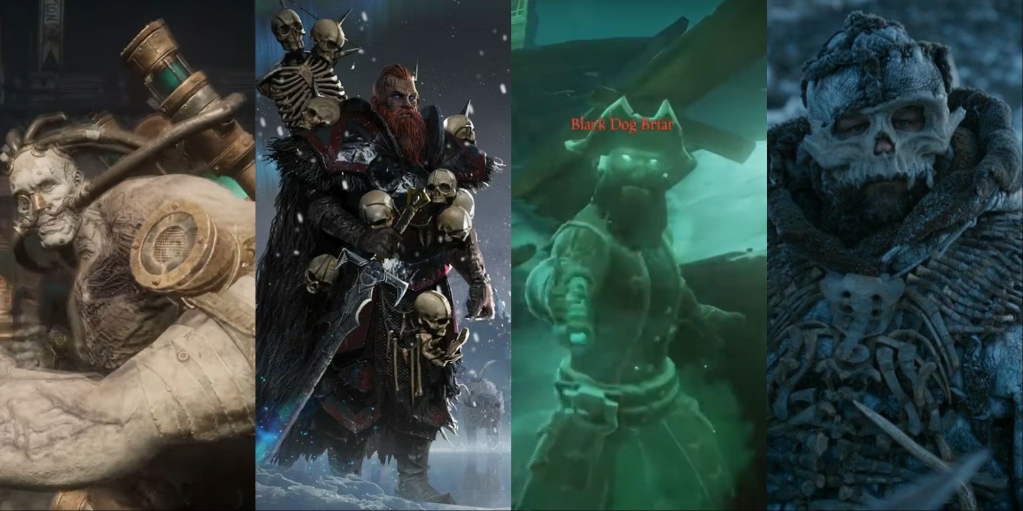 Four-image collage of Champion Victor before the start of the boss fight, Wulfrik the Wanderer from Total Warhammer, Black Dog Briar from Sea of Thieves, and Edward Dogliani's character from Game of Thrones - Rattleshirt.