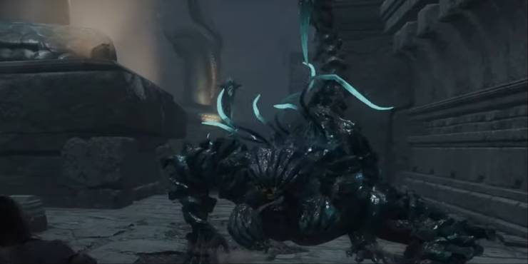 A giant scorpion creature approaching the player with stinger at the ready to strike.