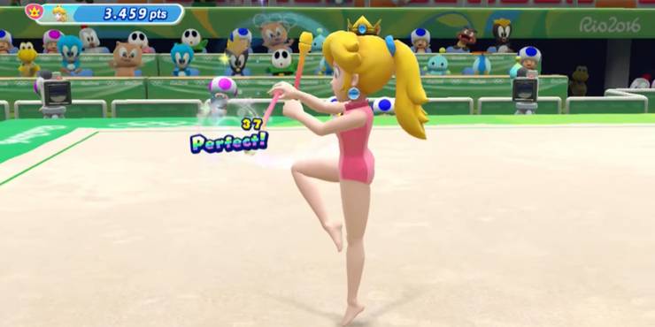 Princess Peach performs Rhythmic Ribbon in the Olympic Games