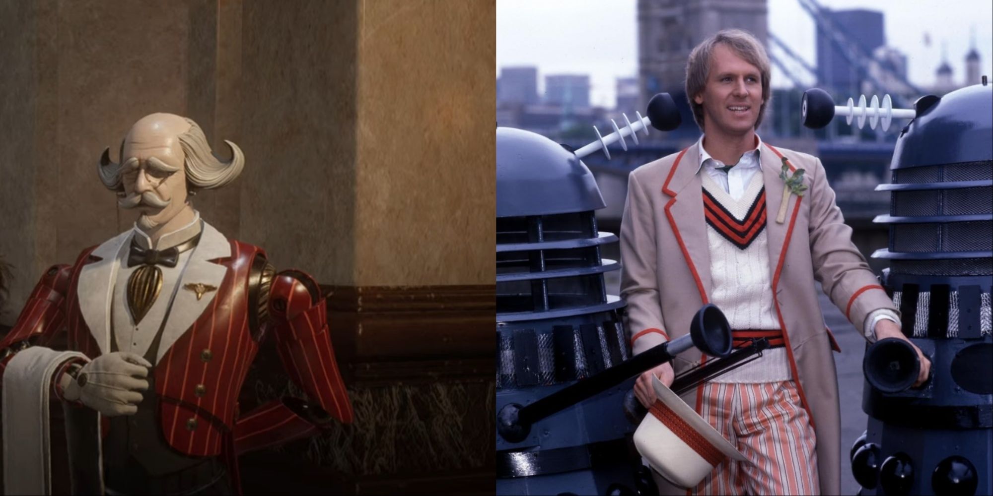 Split-image of Pulcinella in Lies of P and Peter Davison playing the Doctor surrounded by Daleks in Doctor Who.