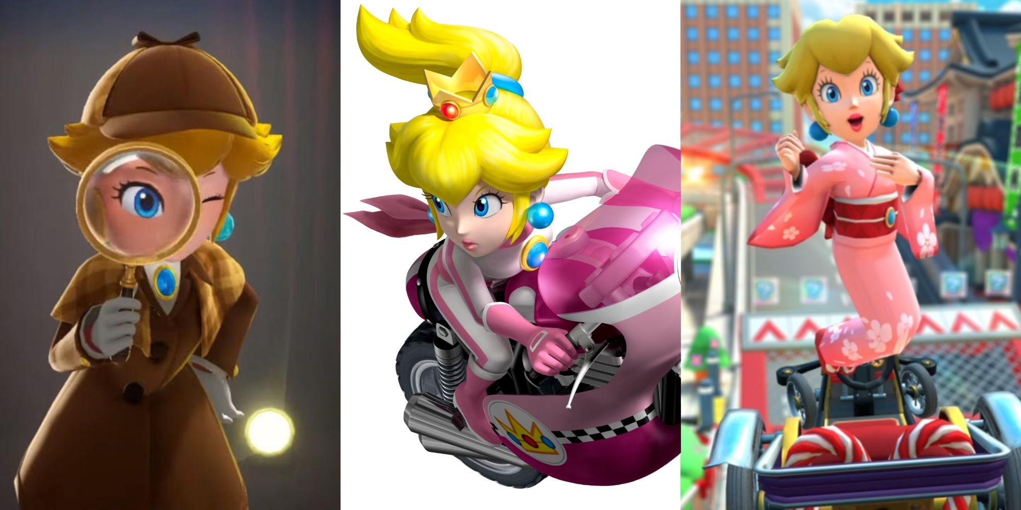 Princess Peach outfits header with her in a detective suit, motorcycle suit and Kimono