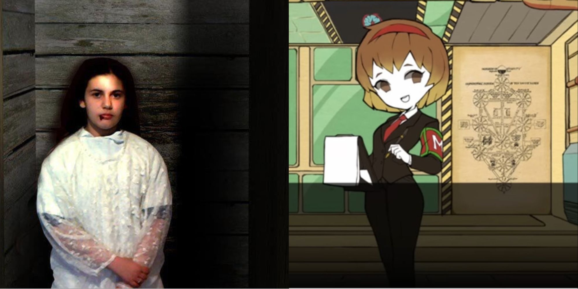 Left: FMV screen of a girl from the game Erevos. Right: Dialog screen from Lobotomy Corporation.