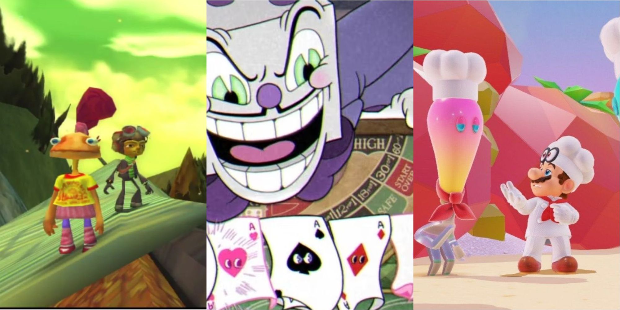 From left to right: Raz with an NPC from Psychonauts, King Dice from Cuphead, and Mario with some NPCs from Super Mario Odyssey