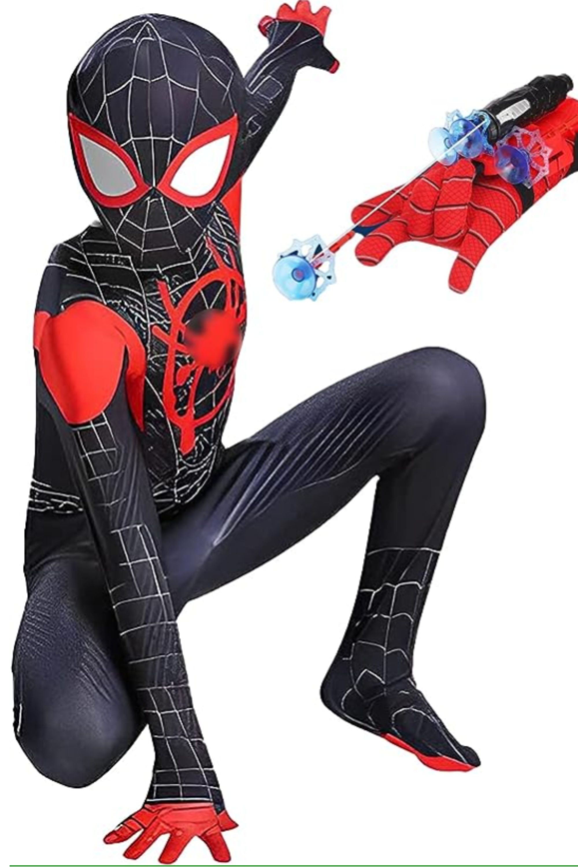 kid wearing spider-man miles morales costume with web shooter