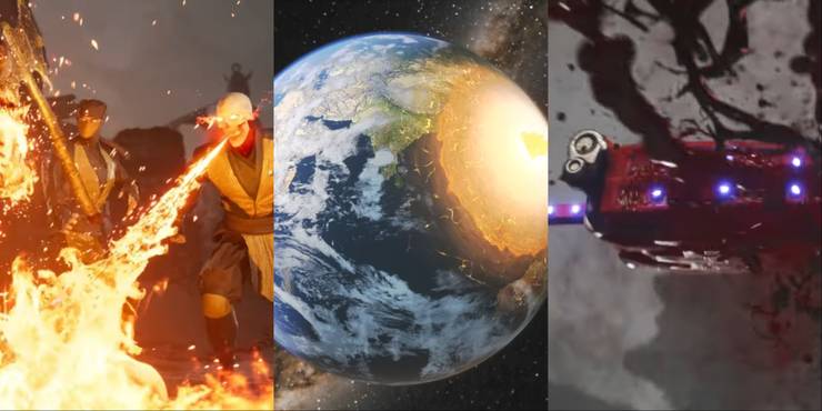 Three-image collage of classic fatalities recreated in MK1, featuring Scorpion's clone summoning one, Cyrax's planet-detroying, and Sektor's crushing. 