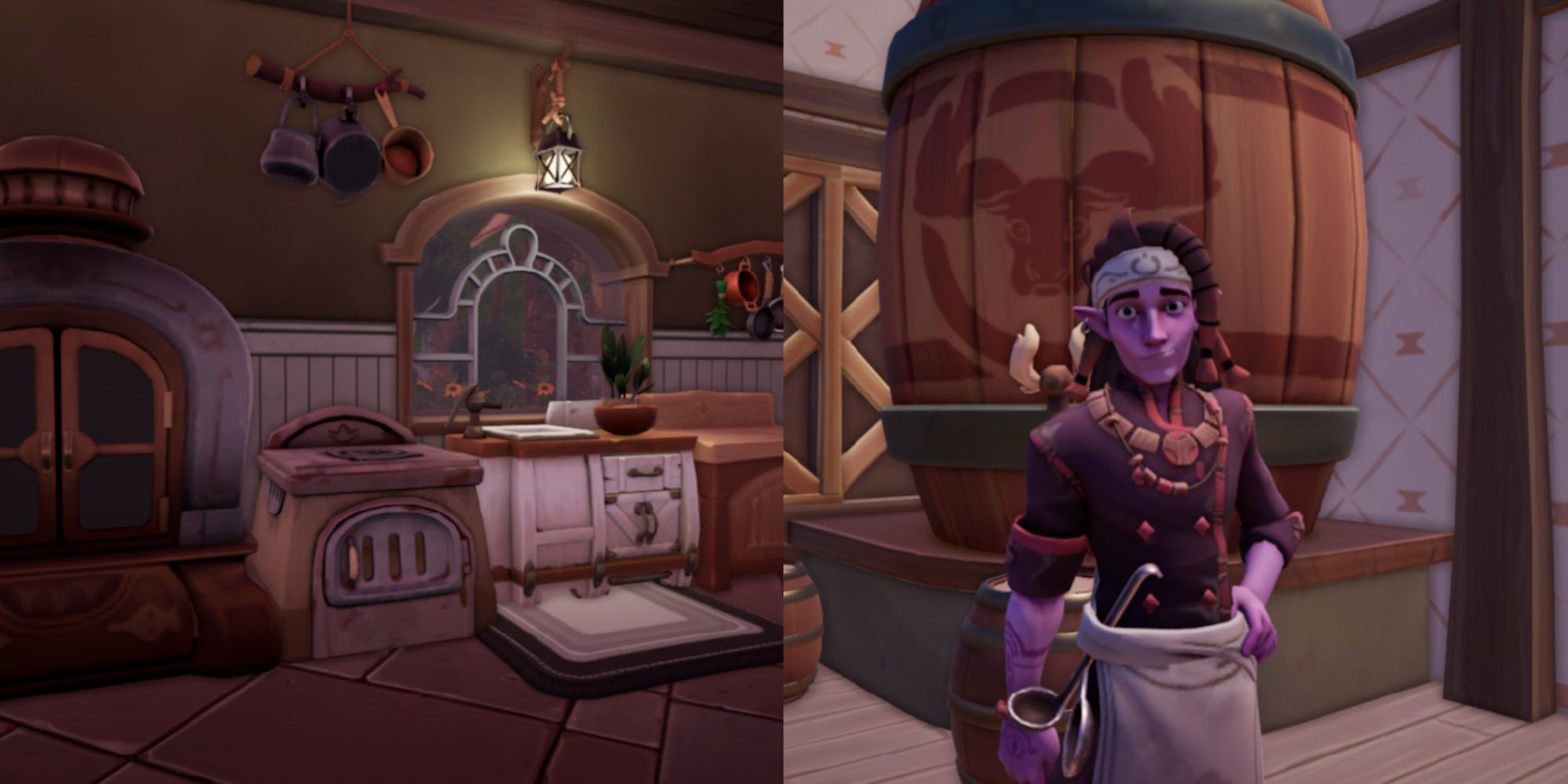 Split image featuring a player kitchen design in their home and Reth at the counter of the inn in Palia.