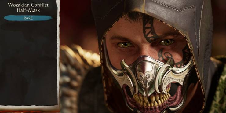 Reptile's character wearing the Wozakian Conflict Half-Mask from the gear selection menu in MK1.