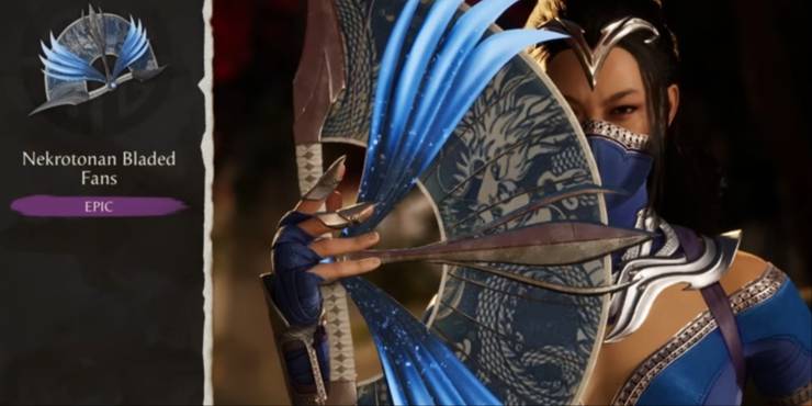 Kitana's character holding up one of the Nekrotonan Bladed Fans from the Gear selection menu in MK1.
