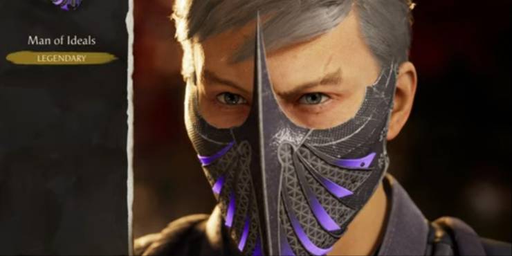 Smoke's character wearing the black-purple Man of Ideals mask from the gear selection menu in MK1.