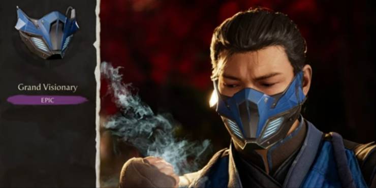 Sub-Zero's character wearing the Grand Visionary mask from the gear selection menu in MK1.