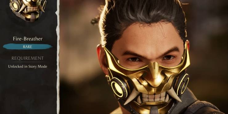 Scorpion's character wearing the gold toothed Fire-Breather mask from the gear selection menu in MK1.