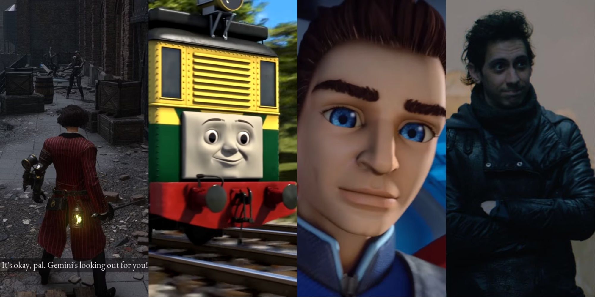 Four-image collage of Gemini giving reassurance to Pinocchio in the glowing lamp, the train character Phillip in Thomas & Friends, his character Scott Tracy in Thunderbirds Are Go, and Rasmus as Kem in Krypton.