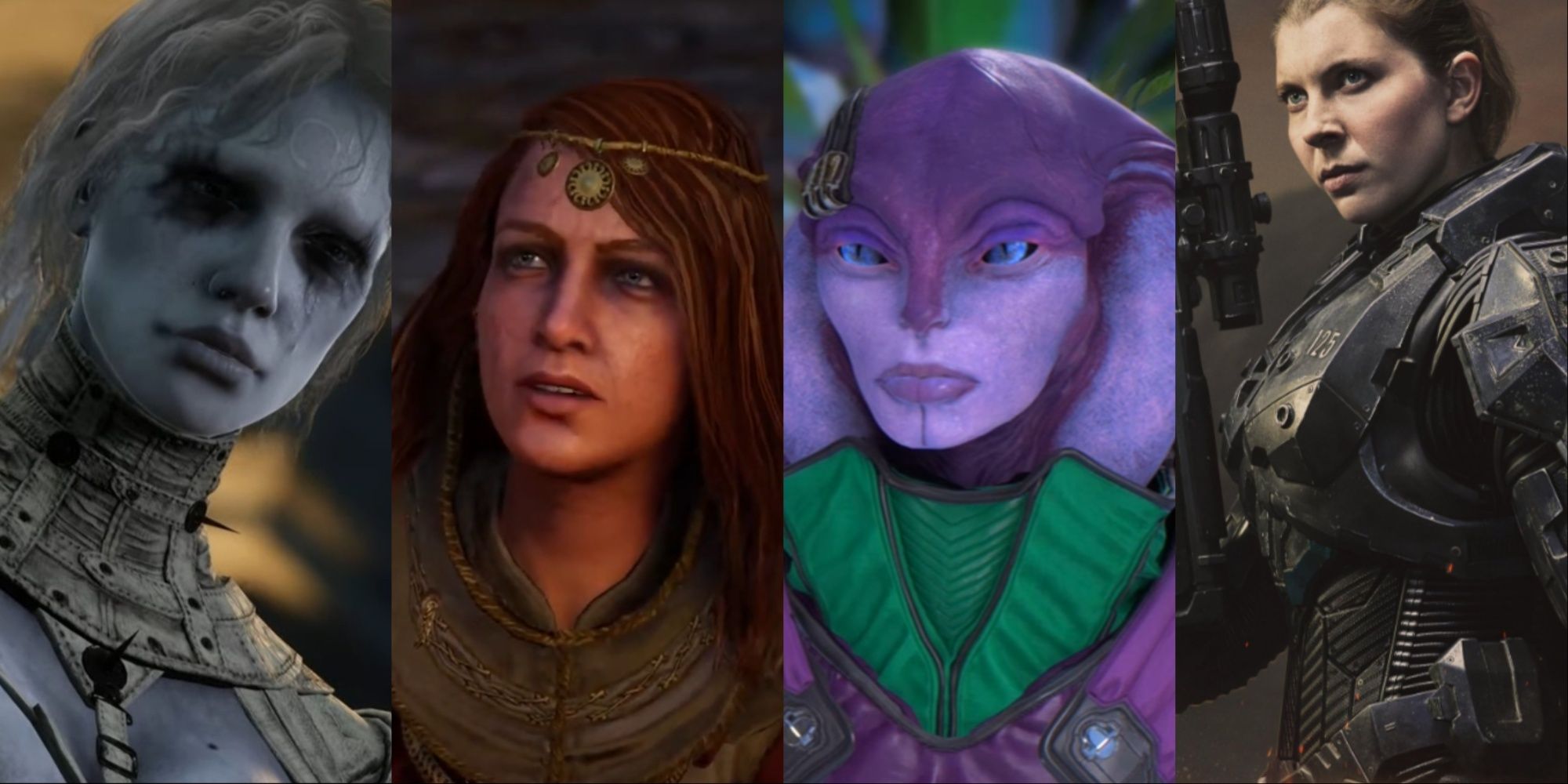 Four-image collage of Laxasia The Complete's second form in Lies of P, Lady Eadwyn in AC Valhalla, Avela Kjar in ass Effect: Andromeda, and Kate Kennedy as Kai-125 in Halo.