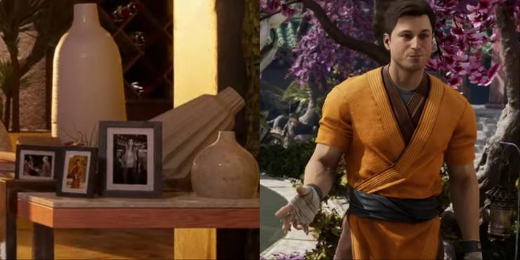 Split-image of a picture frame of Johnny in his Shaolin monk uniform in an earlier chapter, and Johnny in the yellow robe in Wu Shi Academy.