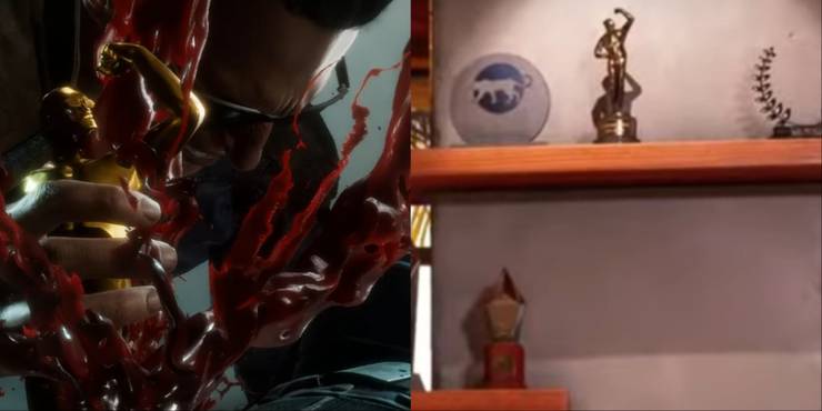 A split-image of a close-up og Johnny's brutality with the Best Actor statue in MK11, and it on the shelf in his mansion in MK1.