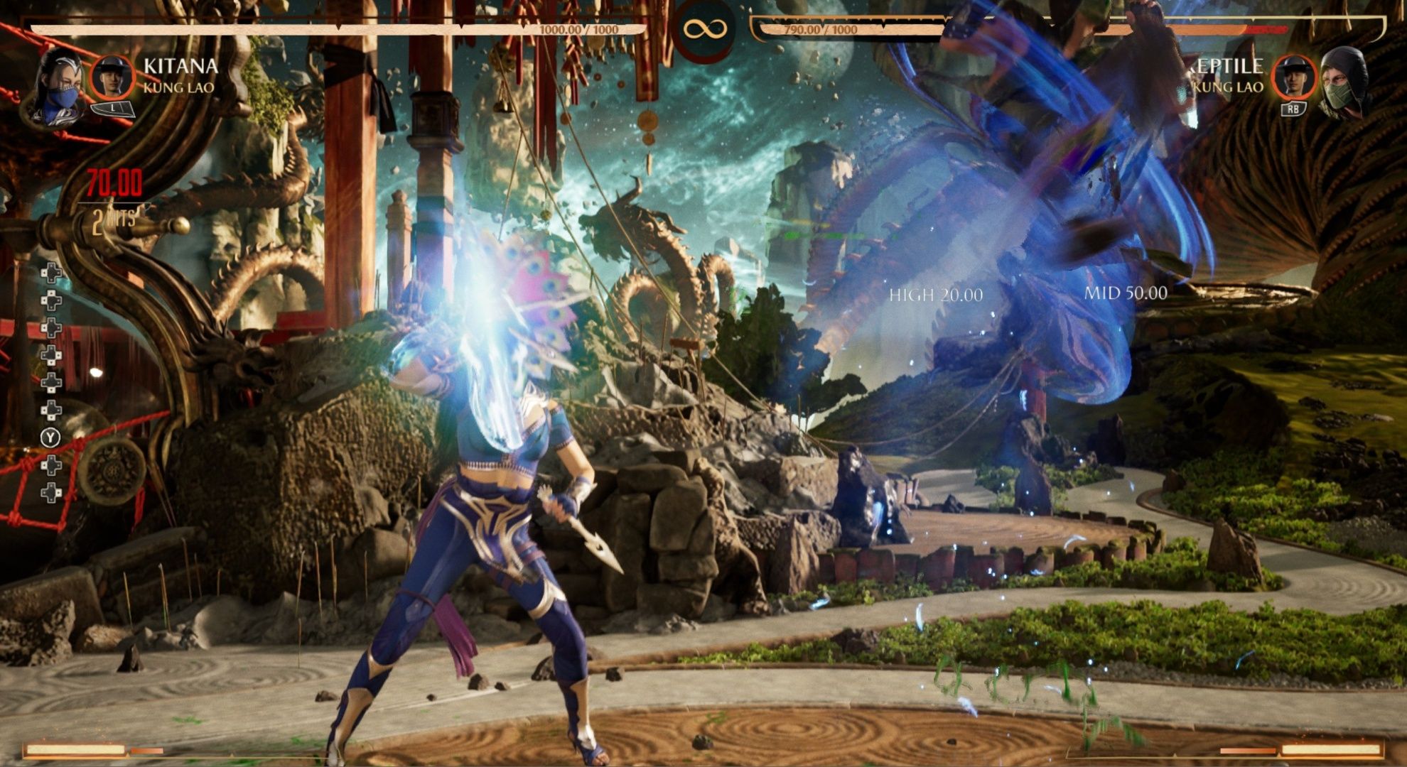 Kitana launches Reptile into the sky using wind and her fans in Mortal Kombat 1.