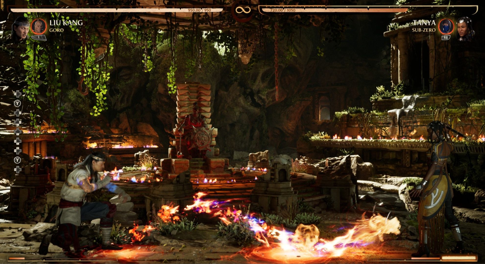 Liu Kang launching the fire dragon projectile at Tanya in Mortal Kombat 1.