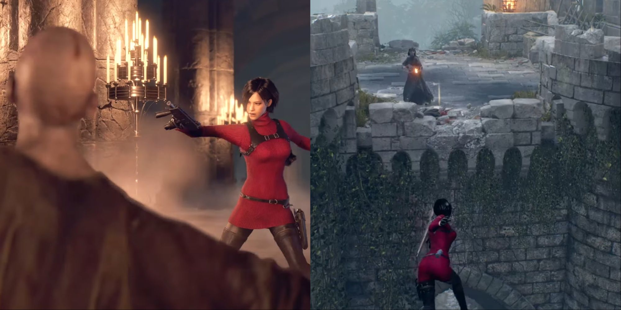 Split-image of a cutscene in the opening section with Ada shooting at Las Plagas monks, and Ada grappling to a part of the castle, an enemy awaiting.