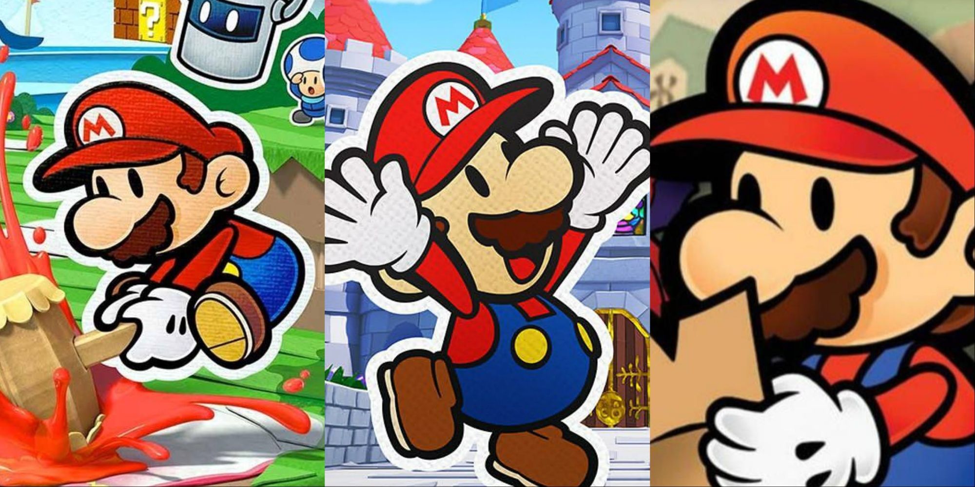 Eine Collage, die Marios aus drei verschiedenen Paper Mario-Spielen zeigt.