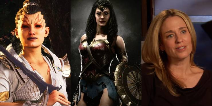 Three-image collage of MK1's Ashrah, Injustice's Wonder Woman with sword and shield amid a black smoky background, and voice actress Susan Eisenberg in an interview.