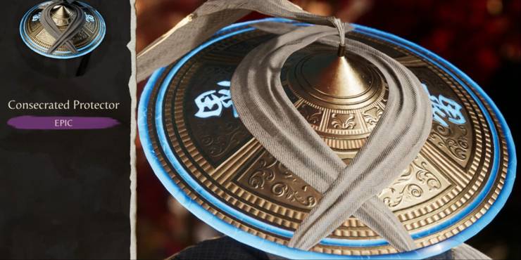 A close-up of Raiden's Epic Consecrated Protector Hat from the Gear Selection menu in MK1.