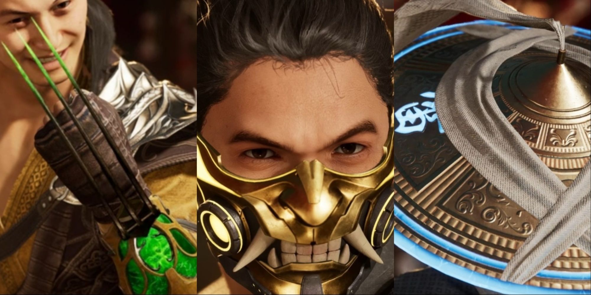 Three-image collage of Shang Tsung's Nomavin Shearers gear, Scorpion's Fire-Breather mask, and Raiden's Consecrated Protector hat.