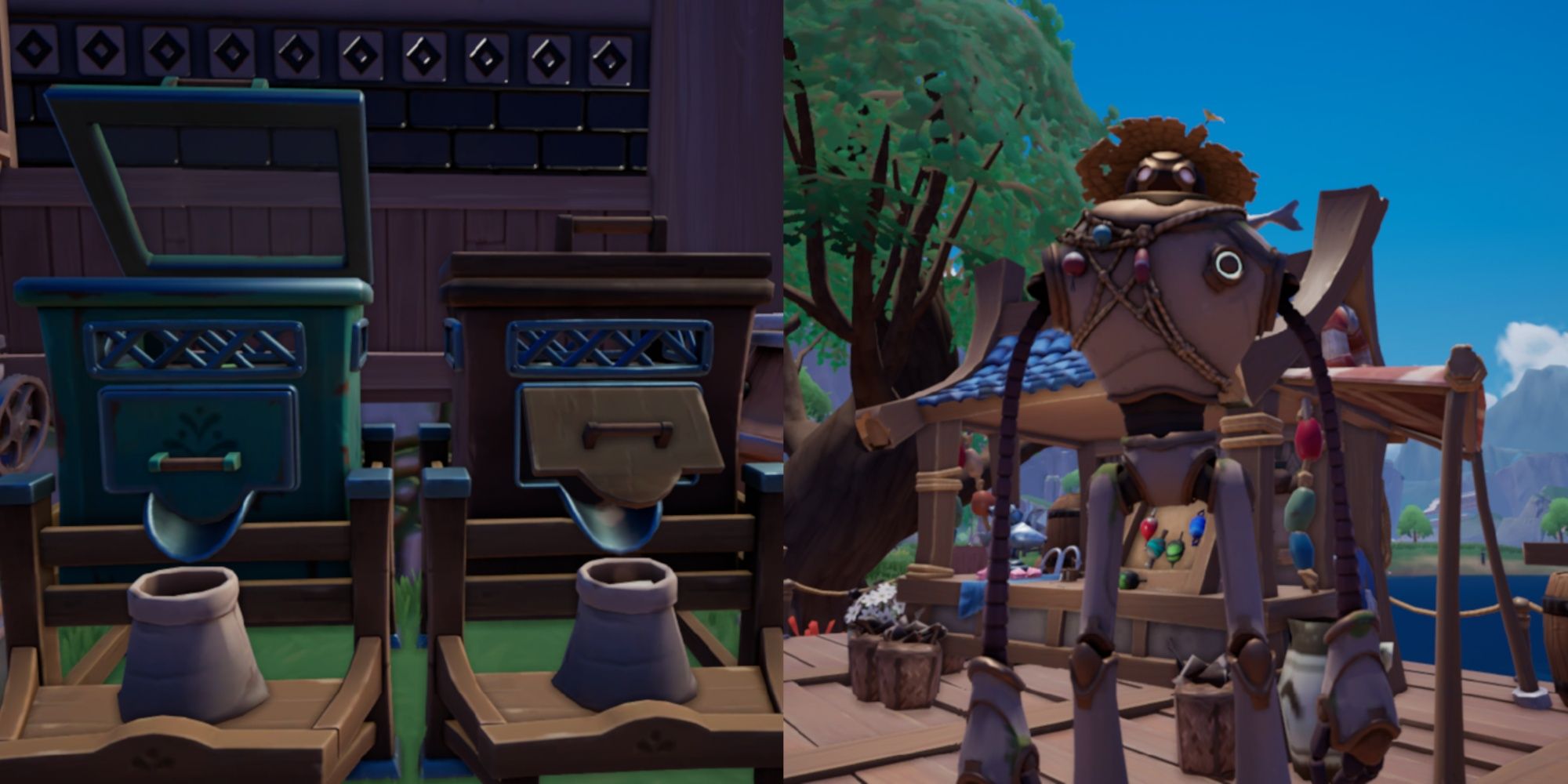 Split image featuring a Glow Worm Farm and a regular Worm Farm side-by-side and Einar standing near his fishing hut shop in the daytime in Palia.