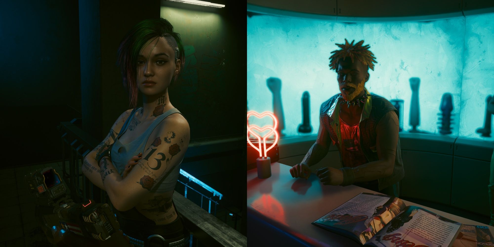 Collage image of Judy Alvarez looking upset and a sex shop vendor in Cyberpunk 2077.