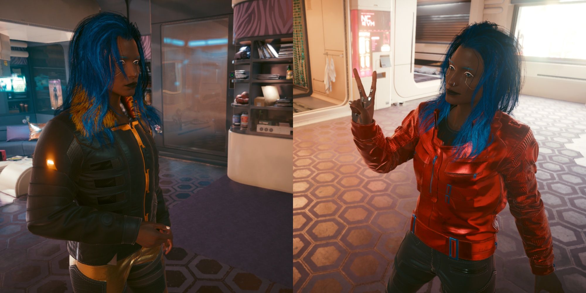 Collage image of V modeling two iconic jackets in Cyberpunk 2077.