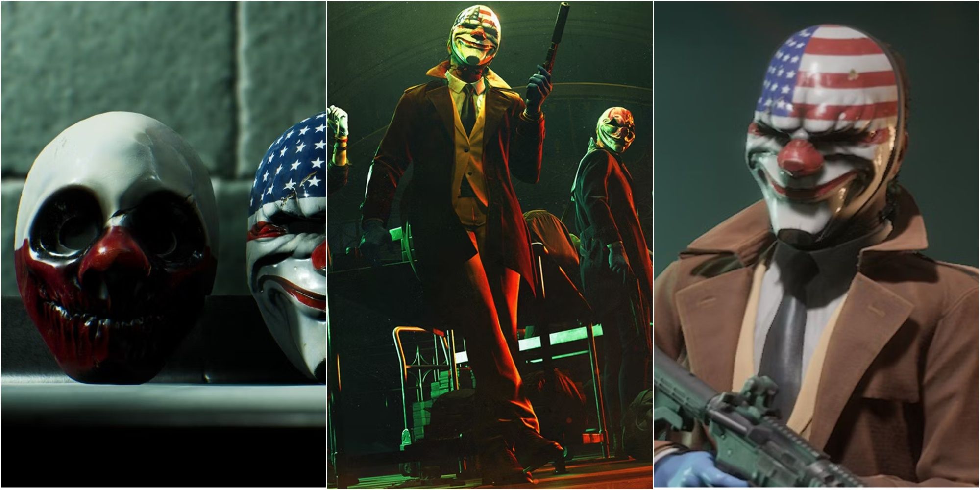 Payday 3 cinematic screenshots of different masks available in game; left is masks sitting on shelf, middle is characters wearing masks in game world, right is one character wearing a mask close up