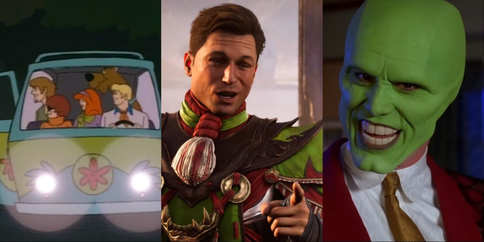 A split-image of the Mystery gang in their van in an episode of Scooby-Doo, Johnny with his James Bond reference in the Kampaign, and Jim Carrey as Stanley Ipkiss in The Mask.