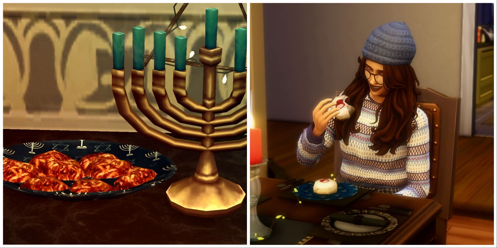 Left side: a plate of latkes sits atop a table alongside a menorah with blue candles. Right: a Sim dressed in cozy winter attire enjoys eating sufganiyot while sitting at a table.