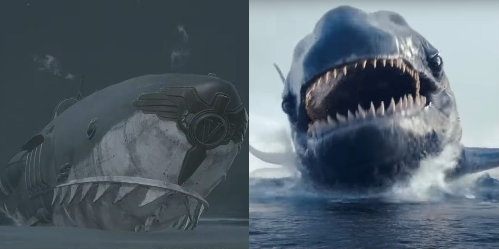 Split-Image of Venigni's submarine landing on the shore in Lies of P and the live-action design of Monstro in Disney's Pinocchio remake.
