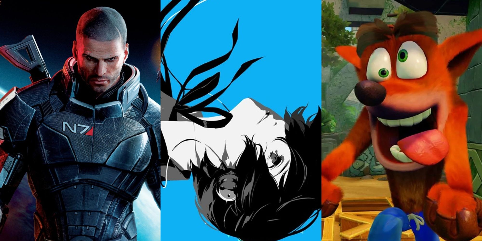 Collage image of Shepard from Mass Effect, Makoto from Persona 3, and Crash from Crash Bandicoot.