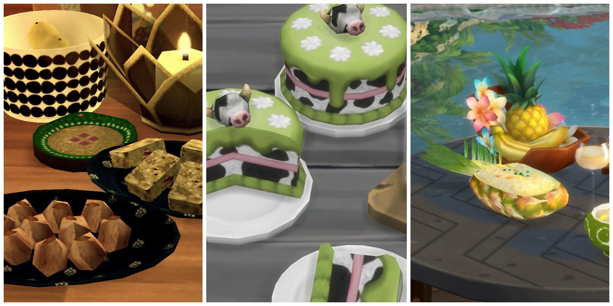 Screenshots of custom foods for The Sims 4. From left to right: a selection of Diwali sweets, a cowplant-themed layer cake, and pineapple fried rice.