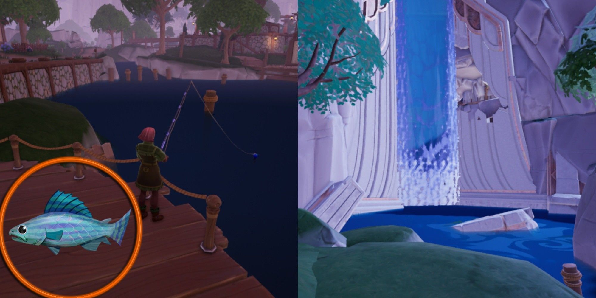 Split image featuring the player character fishing on a pier by a river in the morning, a waterfall and ruins at night, and a Rainbow Trout in an orange circle on the lower lefthand corner.