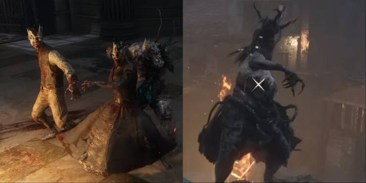A split-image of various basic Petrification Disease enemies beside a bloater in a tight space, and a more heavy tendril-crowned Arm Cannon bloater on a roof in Lies of P.