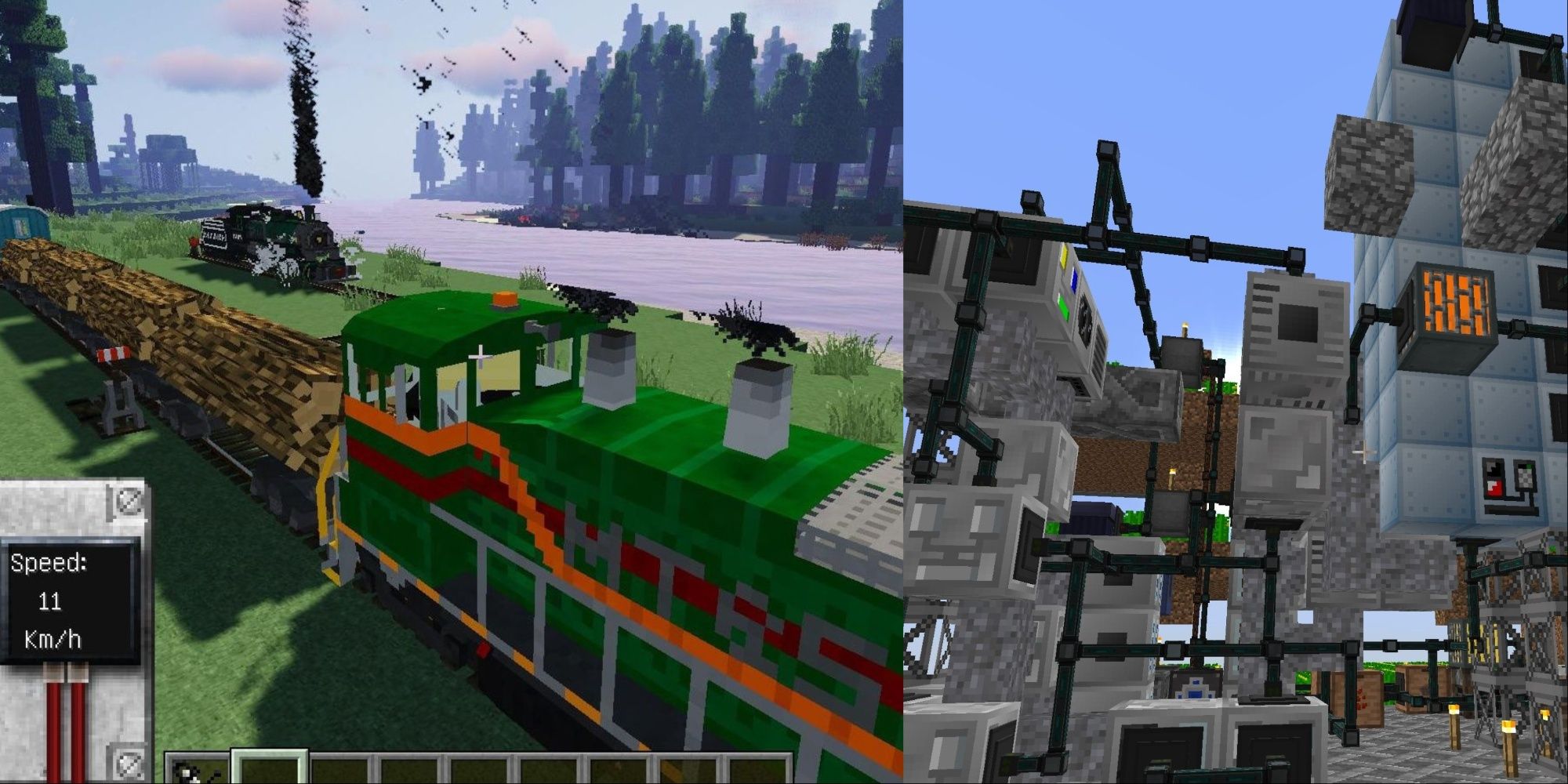 Featured Image: Minecraft Engineering Technology Mods Train Carrying Logs With Speed User Interface And Large Factory Using Gregtech.
