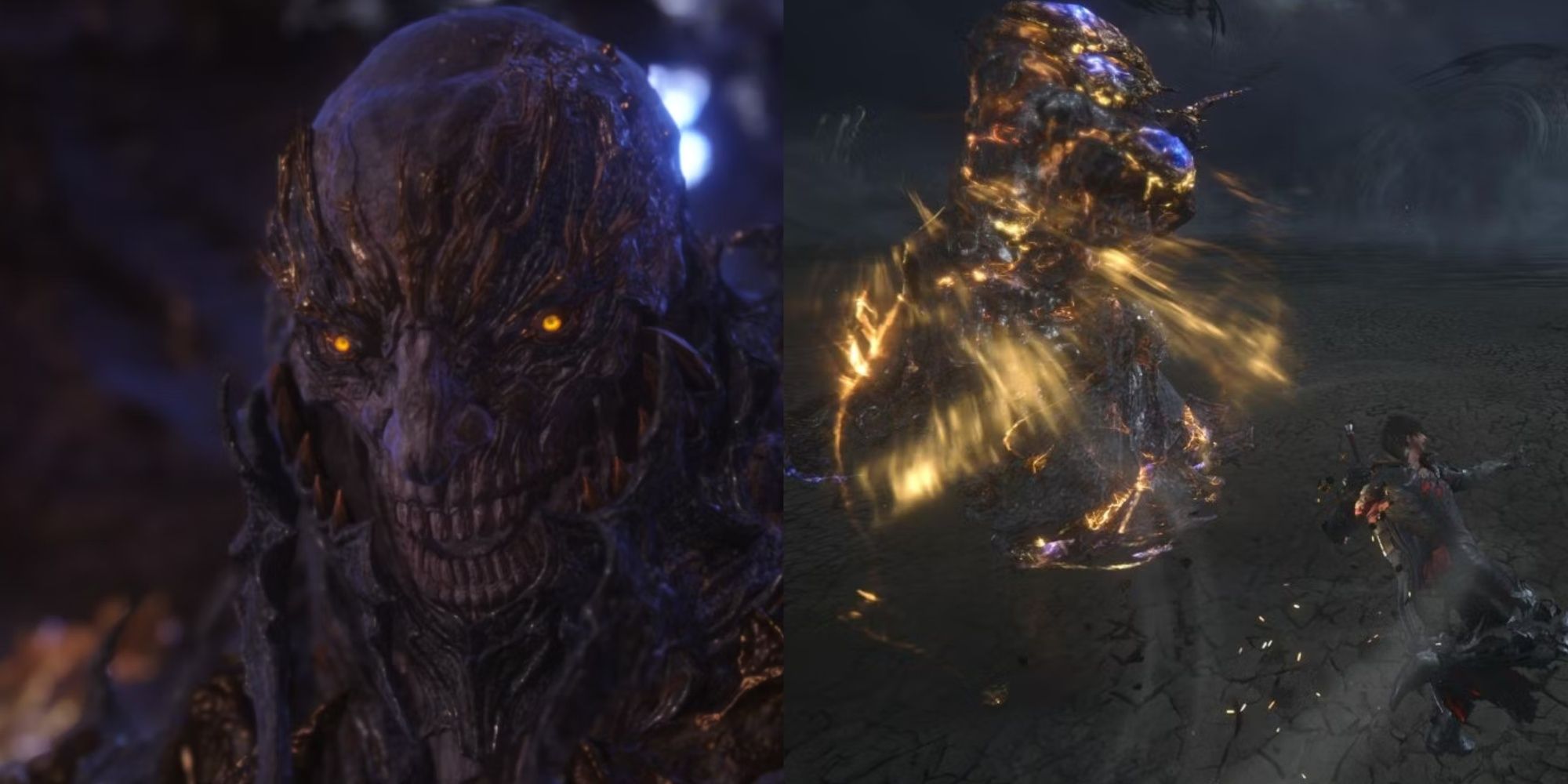 Titan's face in a cutscene next to Clive using Titan Eikon abilities from FF16