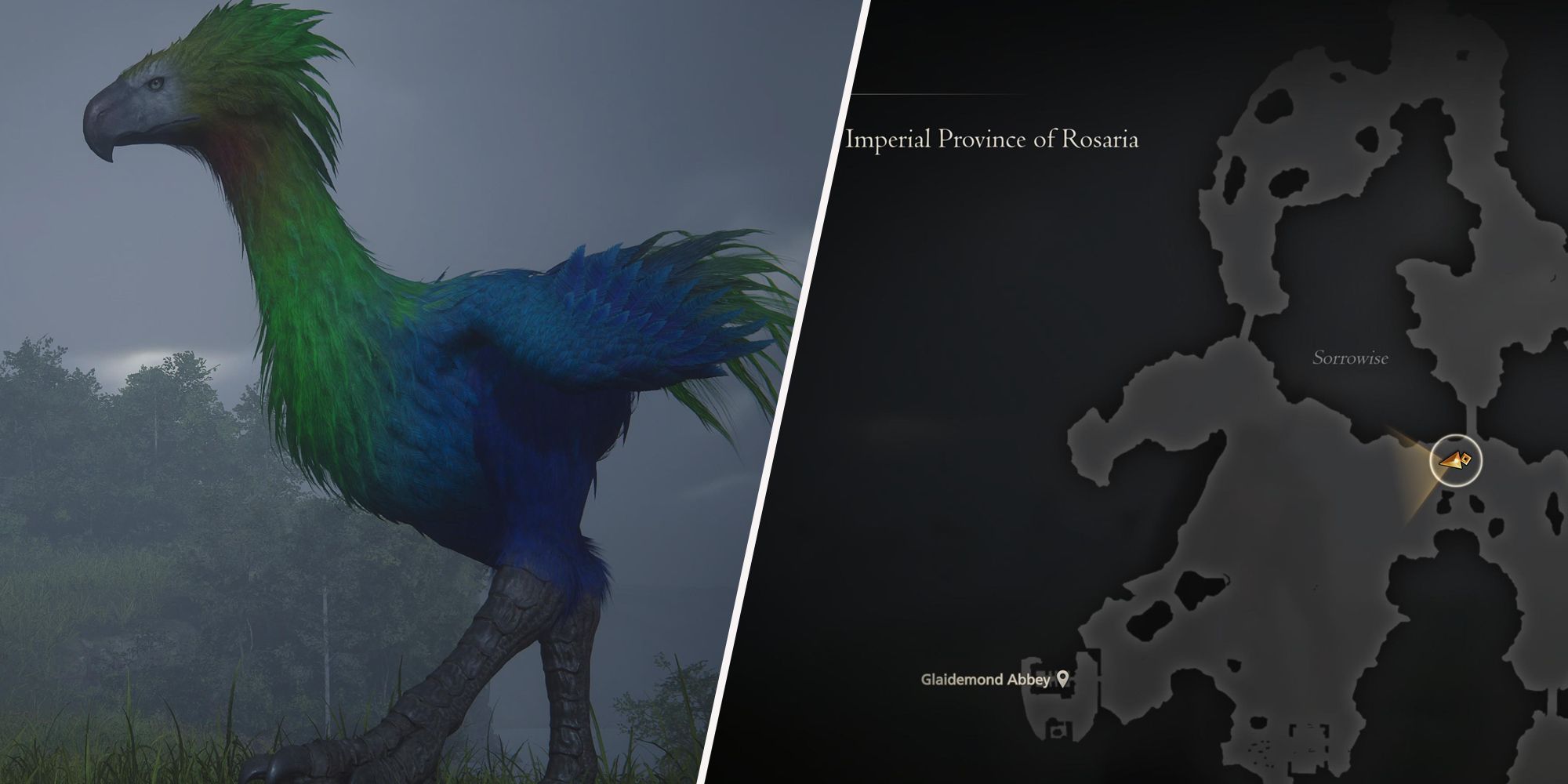 Combined image of chocobos and a map of Rosaria in Final Fantasy 16