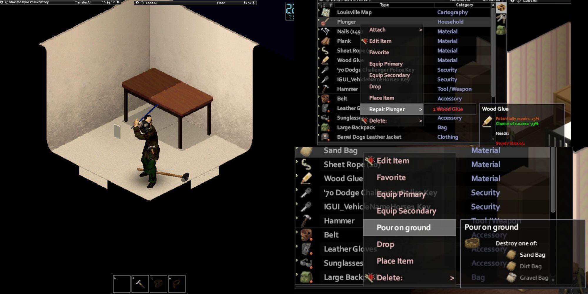 Left: A player with a black gas mask stands ready with a crowbar. Right: Complex information and UI.