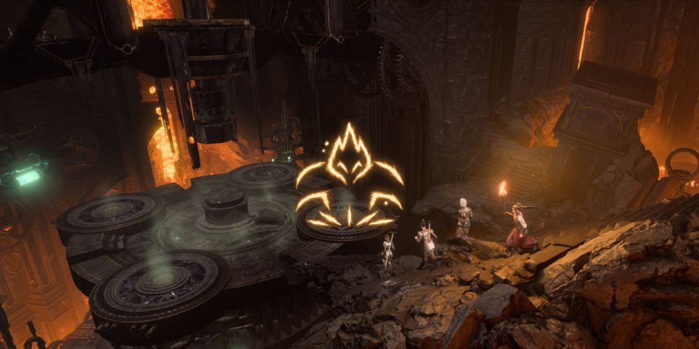 Conjure Elemental Spell Icon Over Image Of Party At Grymforge Baldur's Gate 3.