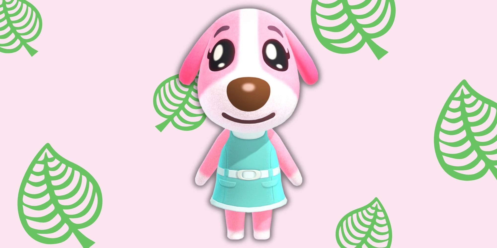 Cookie from Animal Crossing in front of leaf-patterned backdrop