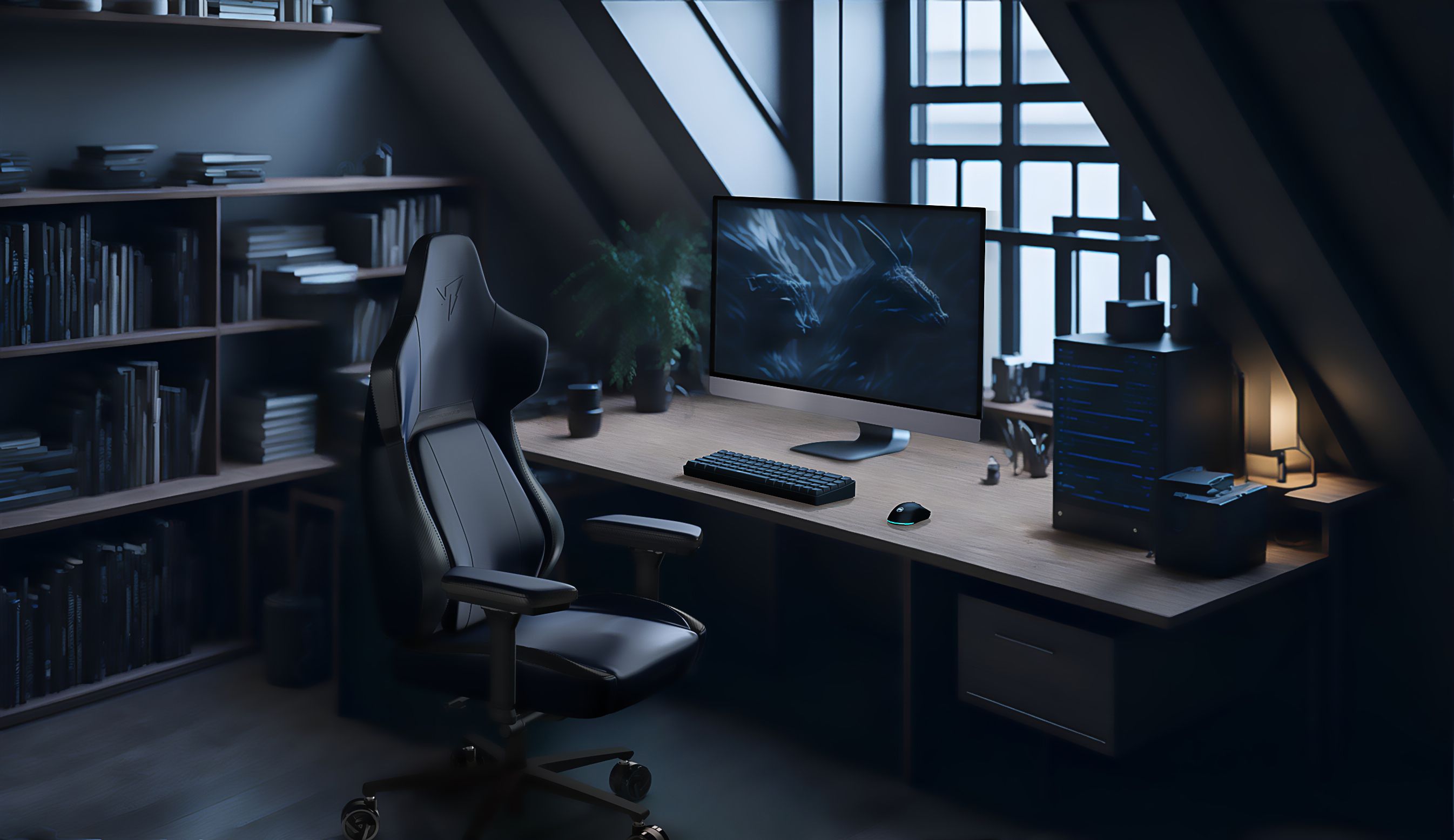 ThunderX3 Core Gaming In front of a PC and window in a dimly lit room.