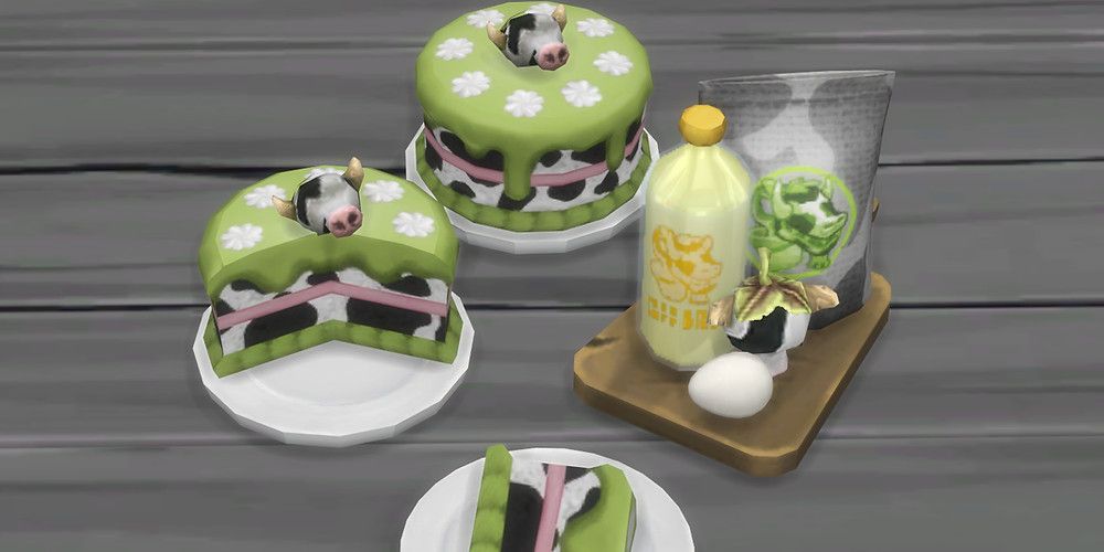 Screenshot of a layer cake decorated to look like a cowplant in The Sims 4, alongside some ingredients. 
