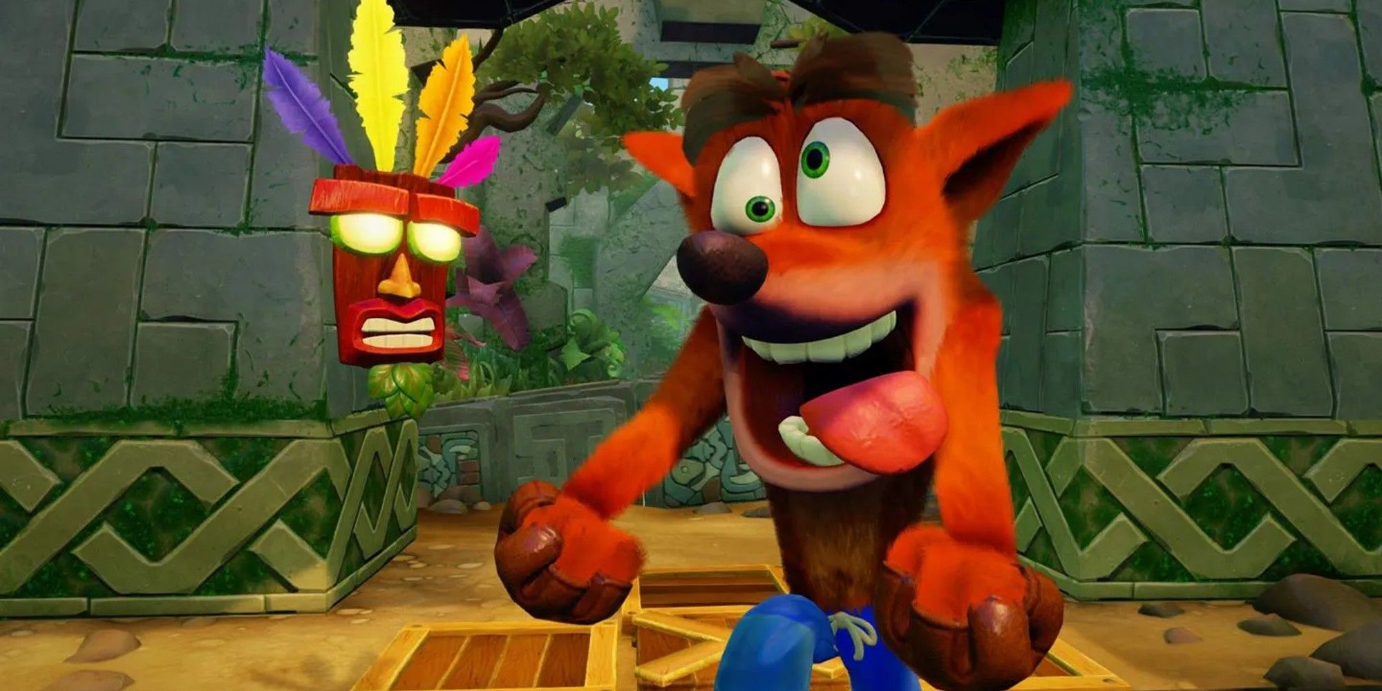 Crash Bandicoot stands with Aku Aku