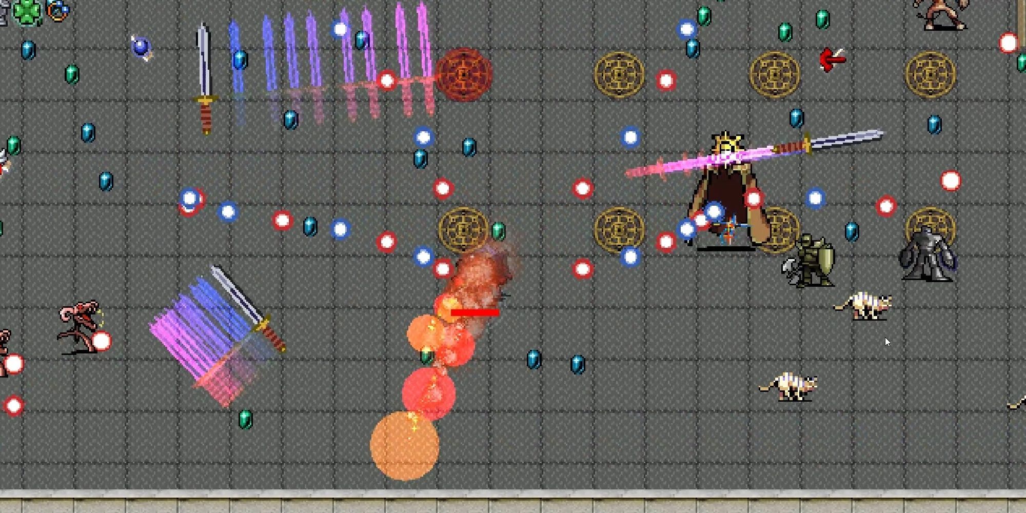 The player spews fire in the middle of the screen. Heaven Sword projectiles fly around the map, leaving behind a rainbow sheen