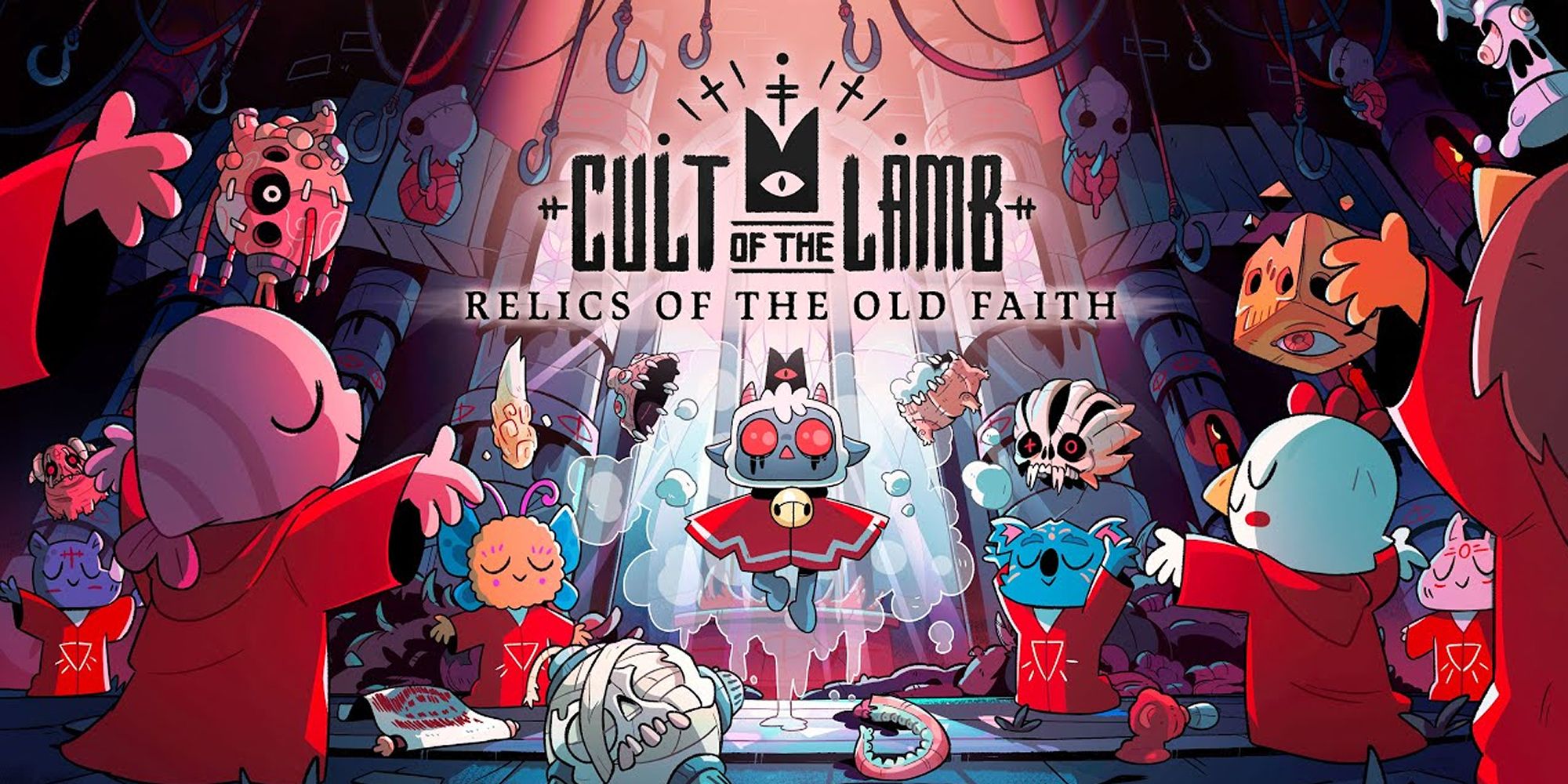 Cult Of The Lamb Title Art Depicting The Lamb Surrounded By Cult Followers