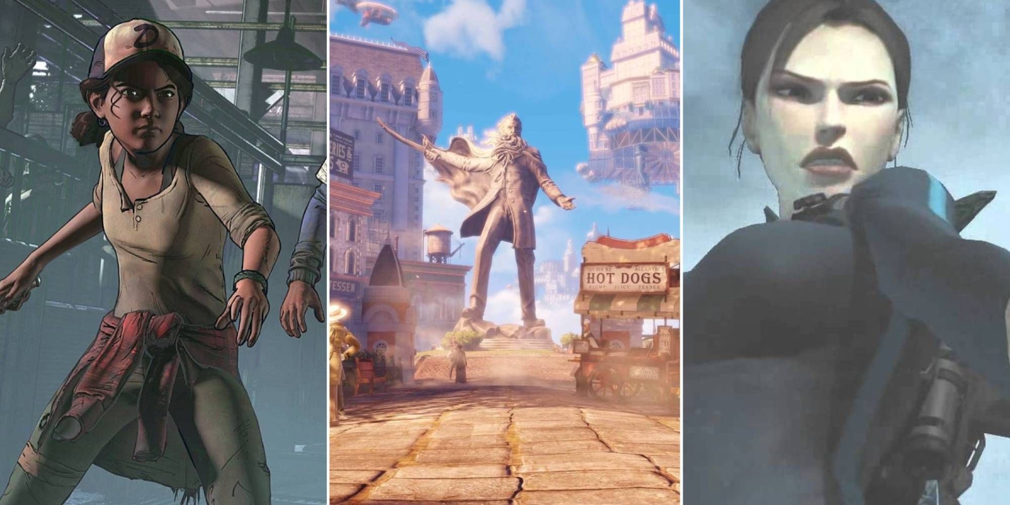 A collage of images featuring Clementine, Columbia from BioShock Infinite and Lara Croft