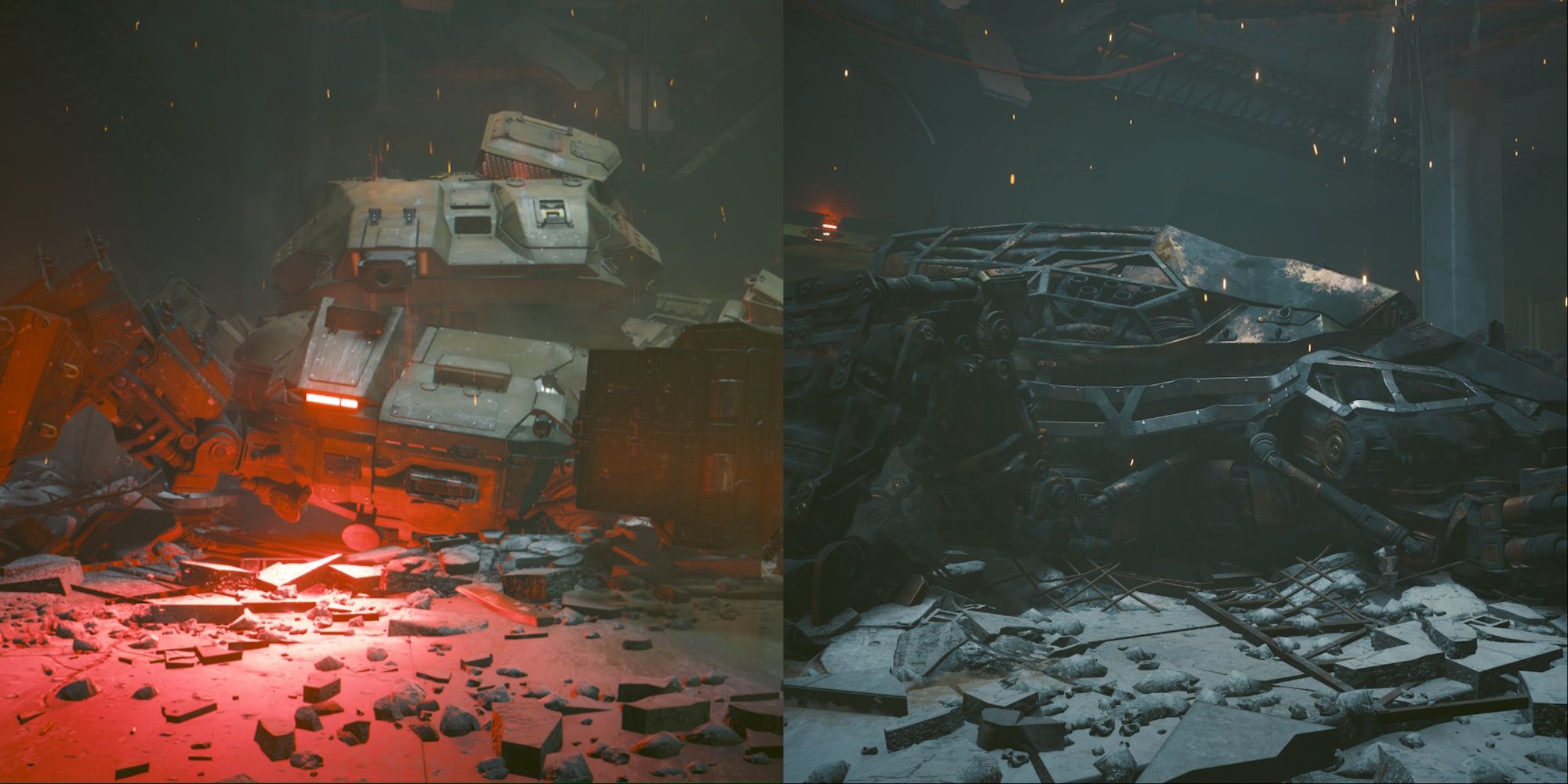 Cyberpunk 2077 Chimera Boss Featured Split Image Image Of Chimera In Perfect Condition and Another Of It Destroyed
